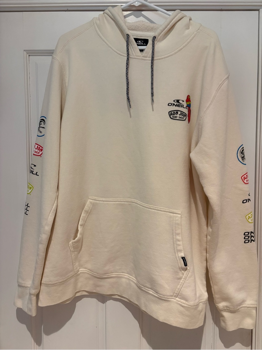 O'Neill Ron Jon Cream Crewneck Hoodie with Colorful Sleeve Logos